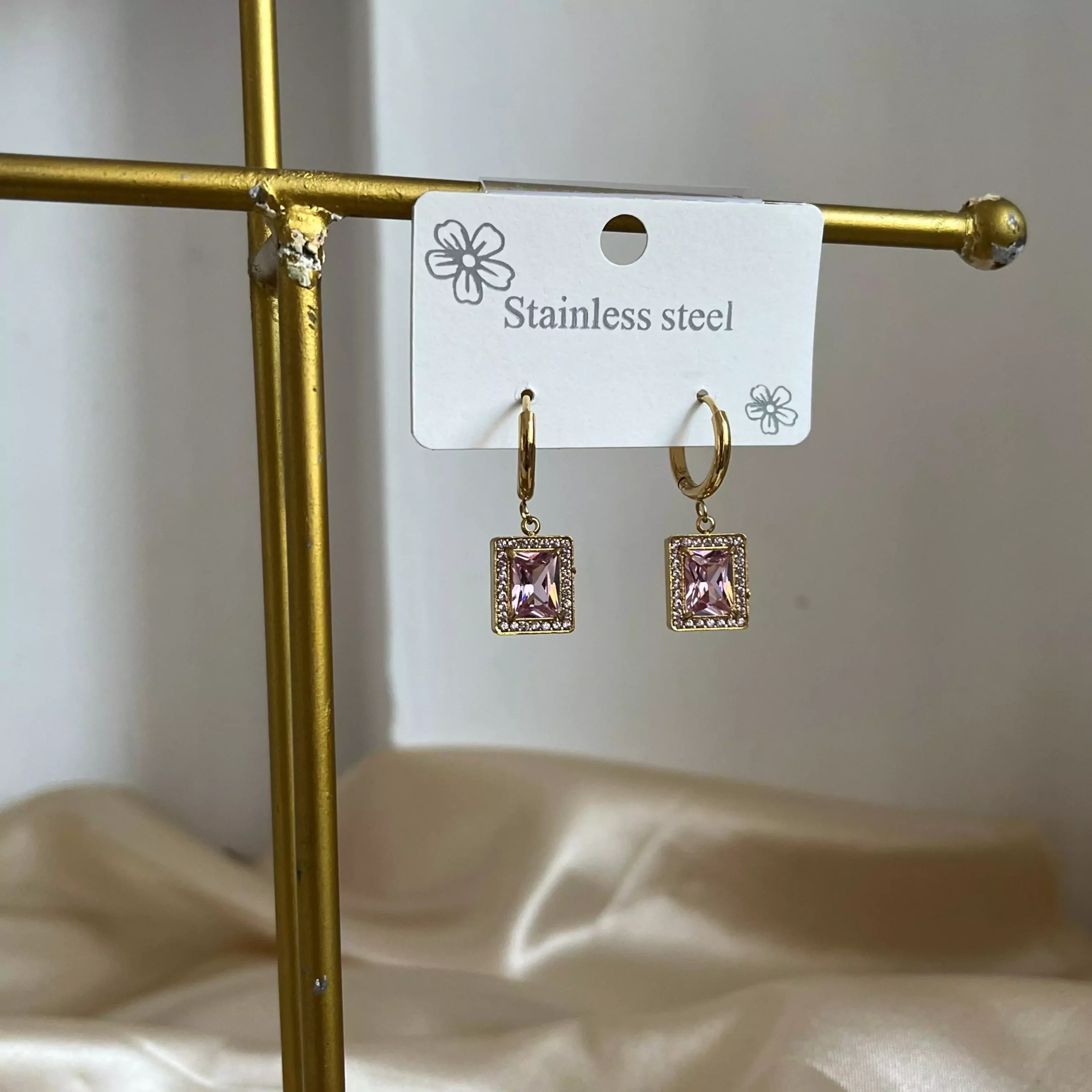 Studded Crystal Boxy Earrings- Pink