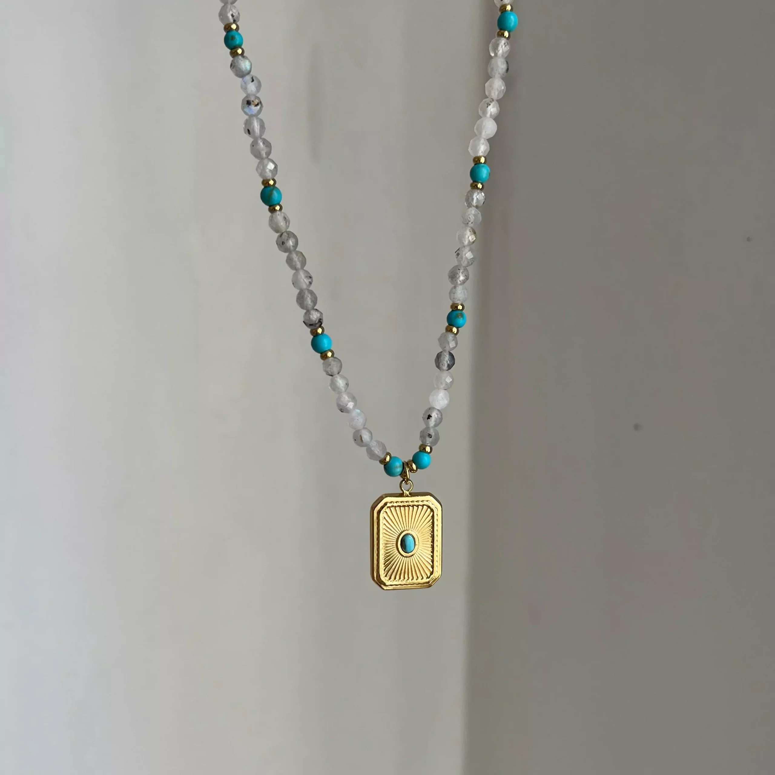 Turquoise Block Beaded Crystal Necklace