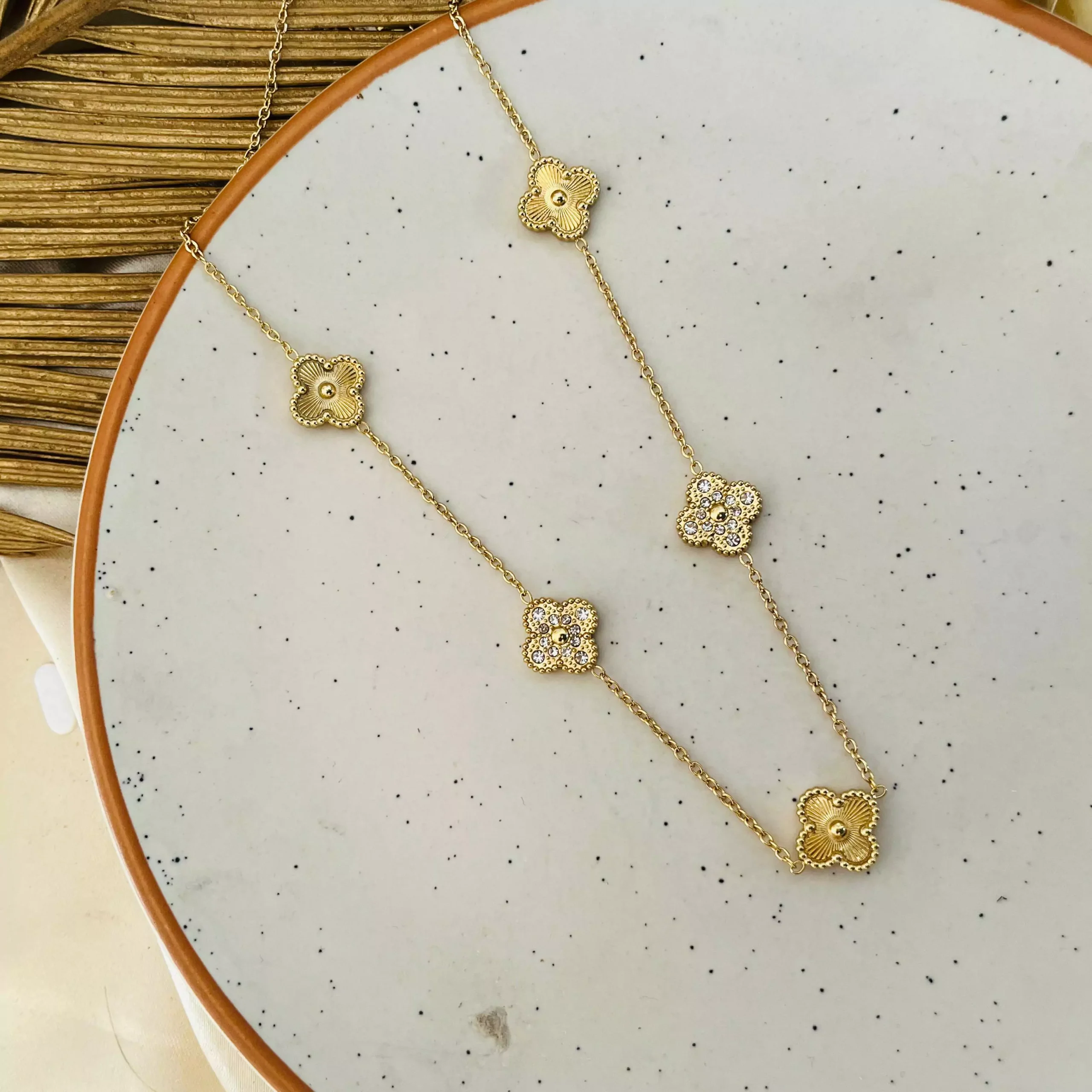 Golden Studded Clover Necklace